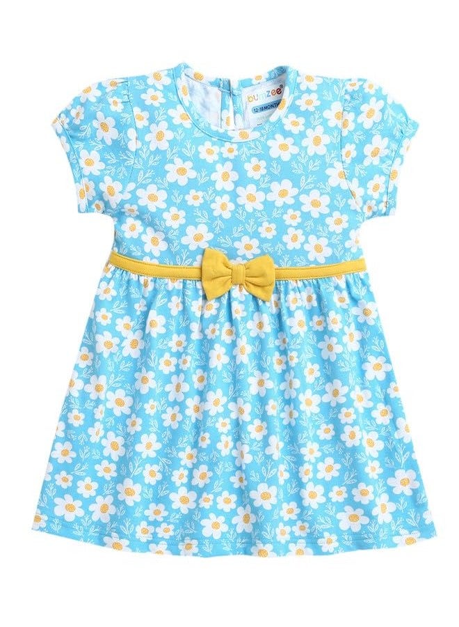 BUMZEE Blue Girls Cap Sleeves Cotton Knee Length Casual Frock Age - 12-18 Months (Peb9647D-blu) - Image 1