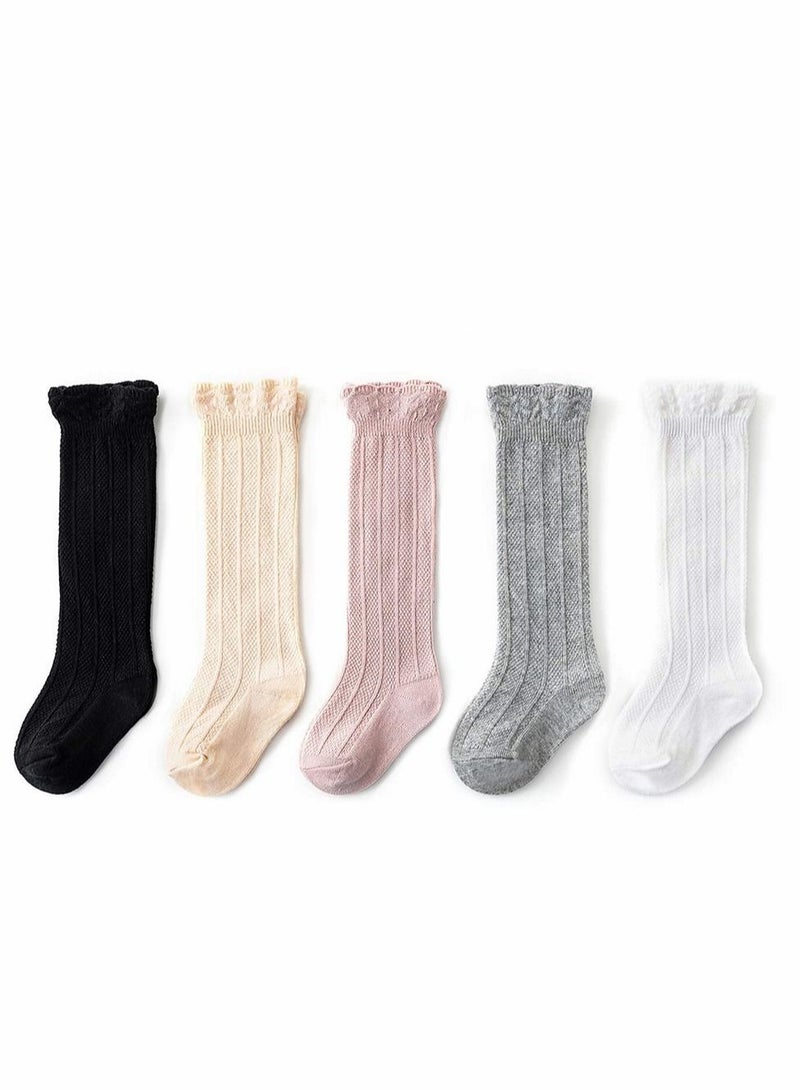 5 Pack Baby Socks Baby Girls Knee High Socks Tube Cute Stockings, Long Unisex Infants Toddler Sock Tights Baby Toddlers Girls Tube Ruffled Uniform Long Stockings  - Image 1