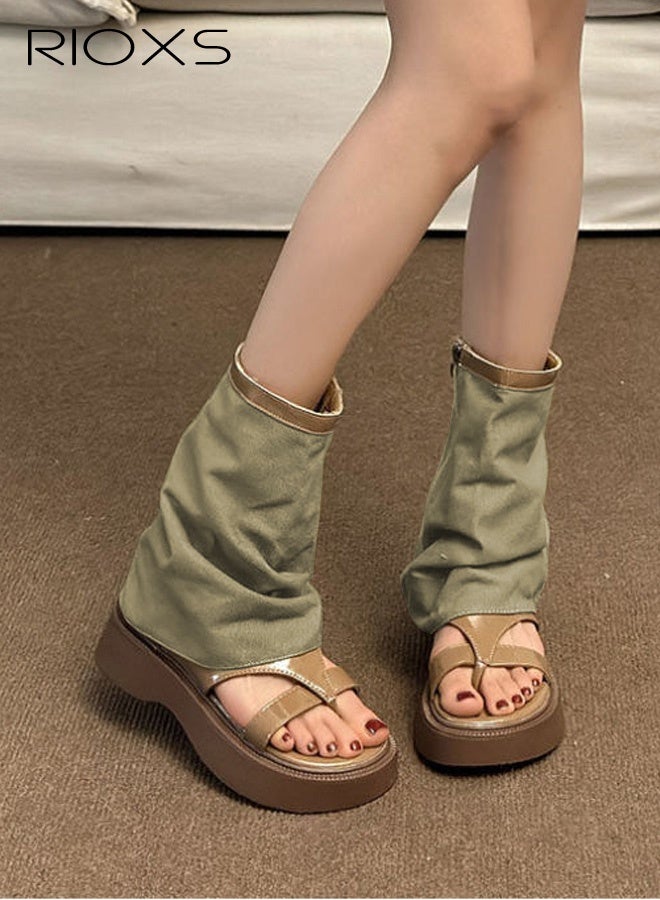 ريوكس أحذية نسائية بكعب سميك، صنادل مفتوحة الأصابع بتصميم روماني كلاسيكي، أحذية كاجوال متوسطة الارتفاع، ذات مقدمة مستديرة، مزودة بسحاب، مانعة للانزلاق، خفيفة الوزن ومريحة ومتينة، بتصميم فريد للاستخدام اليومي والسفر والتسوق والمواعيد، لون بني - Image 3
