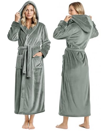 NY Threads روب نسائي فاخر من NY Threads مع غطاء رأس، روب استحمام طويل من الفليس الناعم للنساء، روب استحمام نسائي ناعم ورقيق، صغير، رمادي فولاذي - Image 1