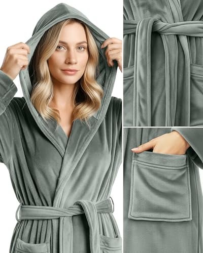 NY Threads روب نسائي فاخر من NY Threads مع غطاء رأس، روب استحمام طويل من الفليس الناعم للنساء، روب استحمام نسائي ناعم ورقيق، صغير، رمادي فولاذي - Image 3