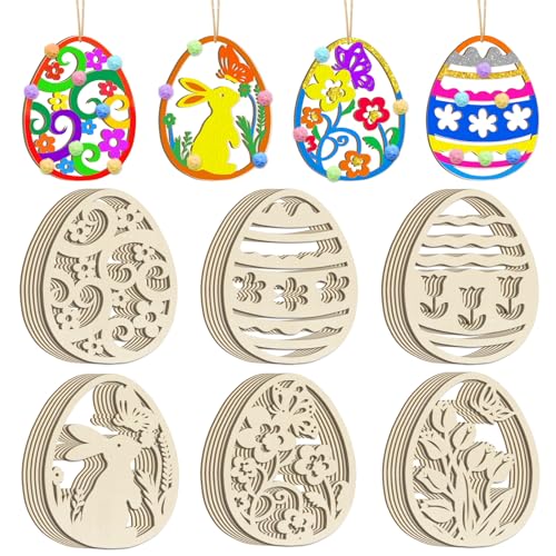 Sophena 36PCS Wooden Easter Ornaments to Paint, 6 Styles DIY Blank Unfinished Wood Egg Cutouts Ornament for Crafts Hanging Decorations Happy Easter Hallow Egg Rabbit Bunny Butterfly Flower Hen - Image 1