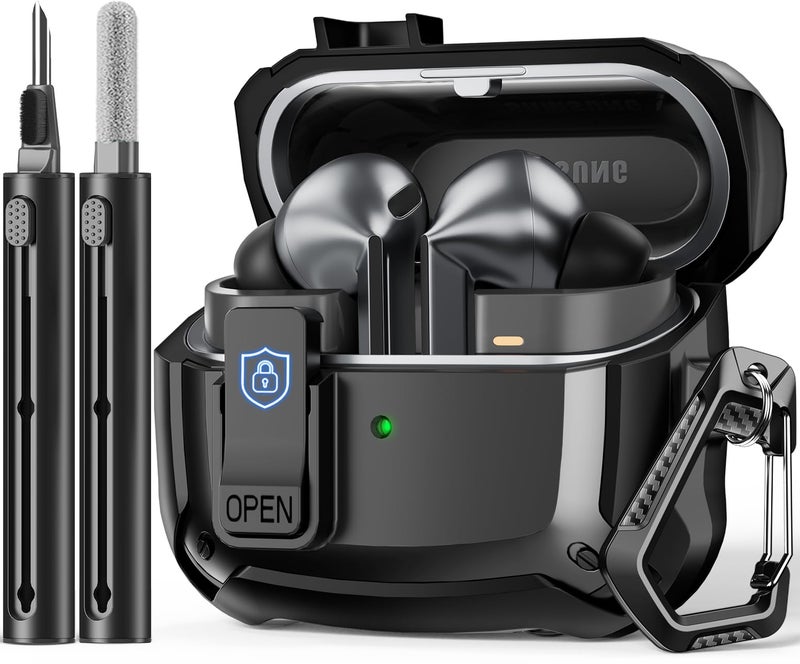 Polislime Compatible with Samsung Galaxy Buds 3 Pro Case(2024) / Buds3 FE (2025) / Buds 3 Case (2024) with Secure Lock Clip & Cleaning kit -Black - Image 1