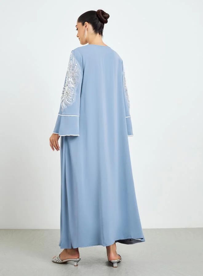 Amirah  Blue Embroidered Sleeve A-Line Abaya for Women | Best Price UAE
