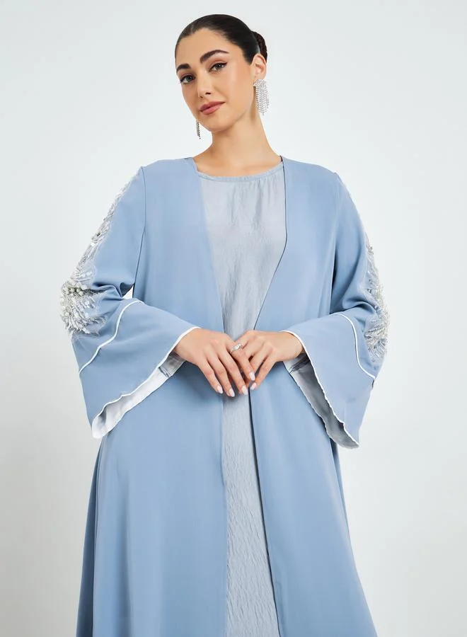 Amirah Blue Embroidered Sleeve A-Line Abaya
