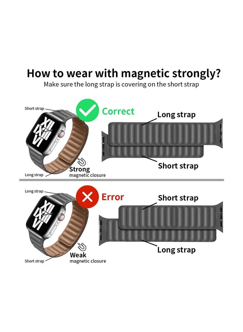 Leather Strap for Apple Watch 42mm/44mm, Adjustable Genuine Leather Loop Wristband with Strong Magnetic Closure for Apple Watch Series 1,2,3,4,5,6,SE,(Grey) - Image 2