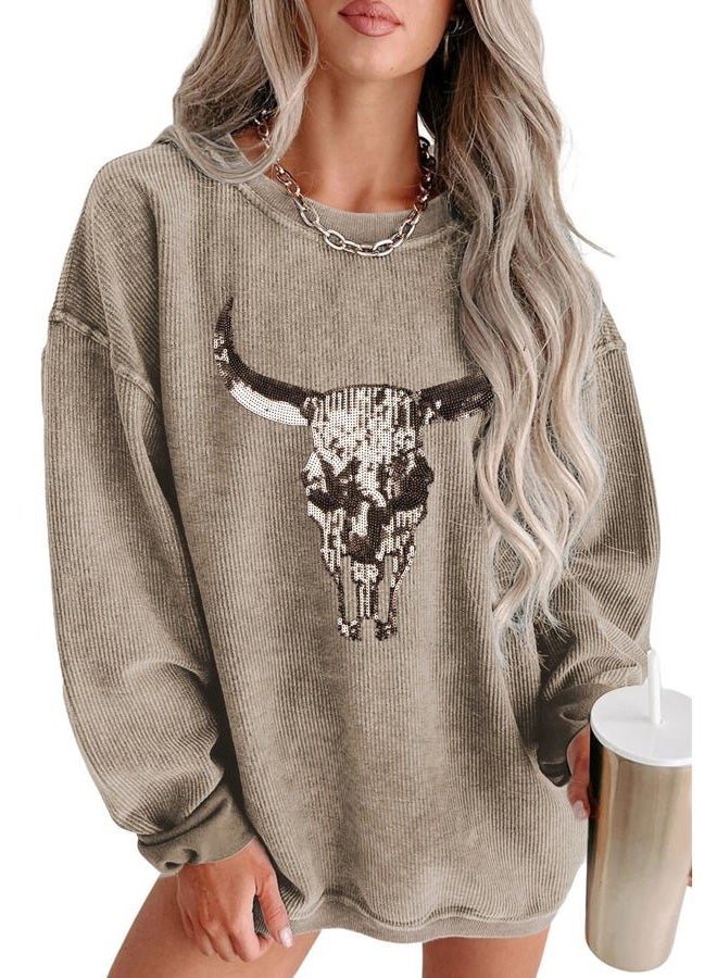 UNIQUEONE Boho Cow Skull Sweatshirt Women Cowgirl Shirt Rodeo Western Country Concert Outfits Nashville Graphic Pullover Tops, Light Brown-2, XL - Image 1