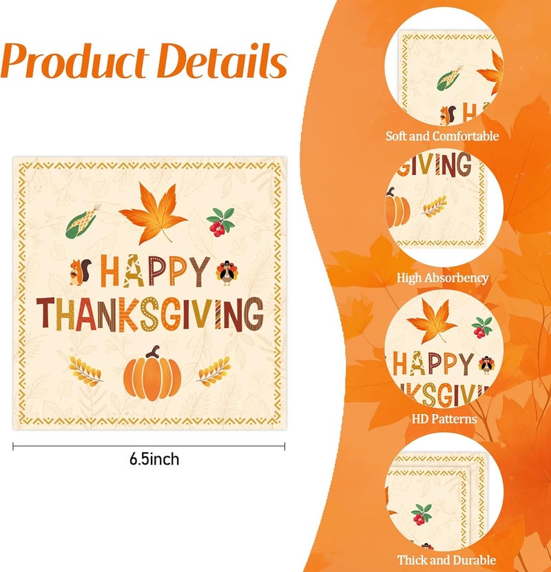 KFJBPB 50 Pcs Thanksgiving Napkins 13 x 13 Inches, Pumpkin Fall Paper Napkins Disposable Luncheon Party Napkin Cocktail Napkins for Autumn Fall Thanksgiving Party Decorations - Image 3