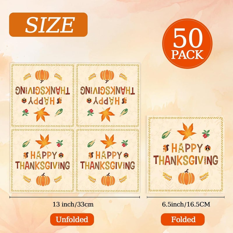 KFJBPB 50 Pcs Thanksgiving Napkins 13 x 13 Inches, Pumpkin Fall Paper Napkins Disposable Luncheon Party Napkin Cocktail Napkins for Autumn Fall Thanksgiving Party Decorations - Image 2