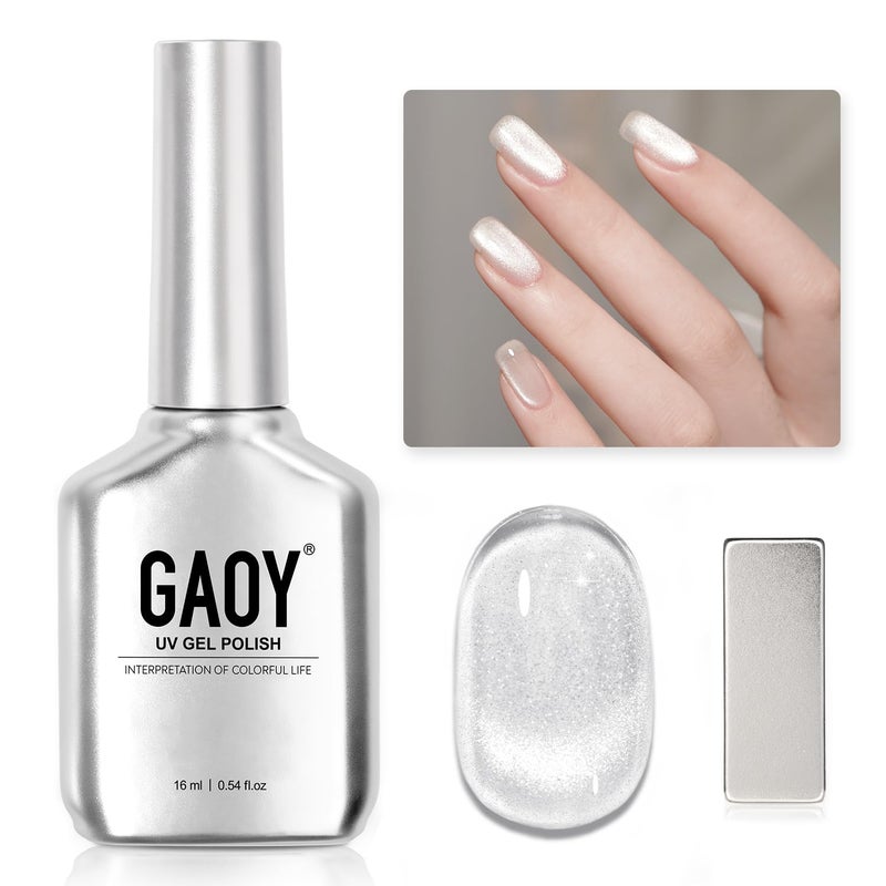 GAOY Cat Eye Gel Nail Polish, 16ml Silver Glitter Holographic Nail Polish with Magnet, Reflective Translucent UV Gel, 2028 Crystal - Image 1