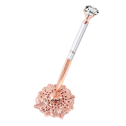 RUTICH Hollow Round Pen Holder Signing Pen Set with Big Diamond Crystal Pen for Wedding Bridal Opening Ceremony Graduation Office, Rose Gold Holder with Silver Pen(Black Ink) - Image 5