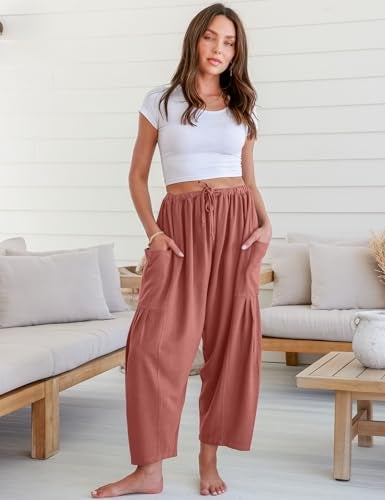 TARSE Womens Linen Wide Leg Pants Casual Loose Drawstring Low Waist Beach Palazzo Harem Pants with Pockets(DustyRose,M) - Image 2