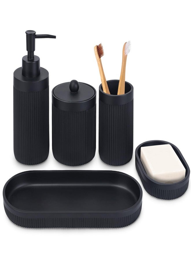 Deobath Bathroom Accessory Set 5Pcs-Lotion Soap Dispenser,Toothbrush Holder,Qtip Holder Dispenser,Vanity Tray and Soap Dish-Modern Bathroom Decor Vanity Countertop Organizer,Matte Black - Image 1