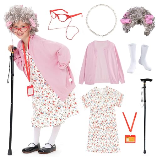 FAYBOX 9 pcs Old Lady Costume for Kids,100 Days of School Costume Old Lady Wig for Girls, Granny Grandma Dress Up - Image 1