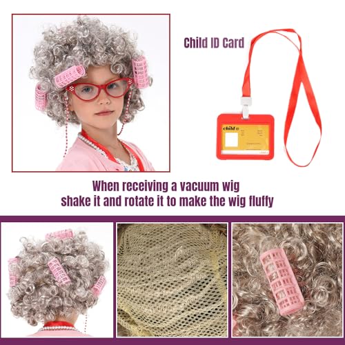 FAYBOX 9 pcs Old Lady Costume for Kids,100 Days of School Costume Old Lady Wig for Girls, Granny Grandma Dress Up - Image 5