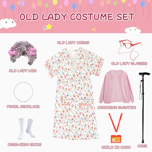 FAYBOX 9 pcs Old Lady Costume for Kids,100 Days of School Costume Old Lady Wig for Girls, Granny Grandma Dress Up - Image 2