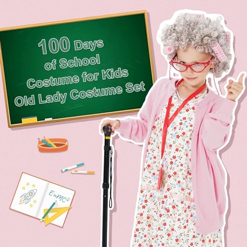 FAYBOX 9 pcs Old Lady Costume for Kids,100 Days of School Costume Old Lady Wig for Girls, Granny Grandma Dress Up - Image 4