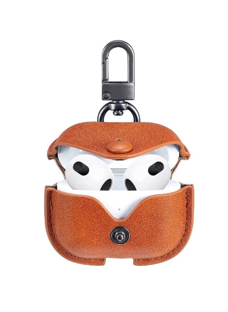 Generic - AirPods 3rd Generation Case (2021), Leather Protective Case Skin Cover with Keychain and Lock for Apple Airpods 3 Case Women Men (Brown) - Image 1