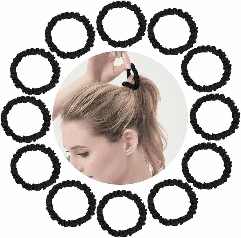 Hair Ties Bands 12 Packs for Woman Girls Skinny Silk Satin Hair Scrunchies Small Ponytail Holders No Damage Breakage for ThinThick Curly Long Fine Hair Black