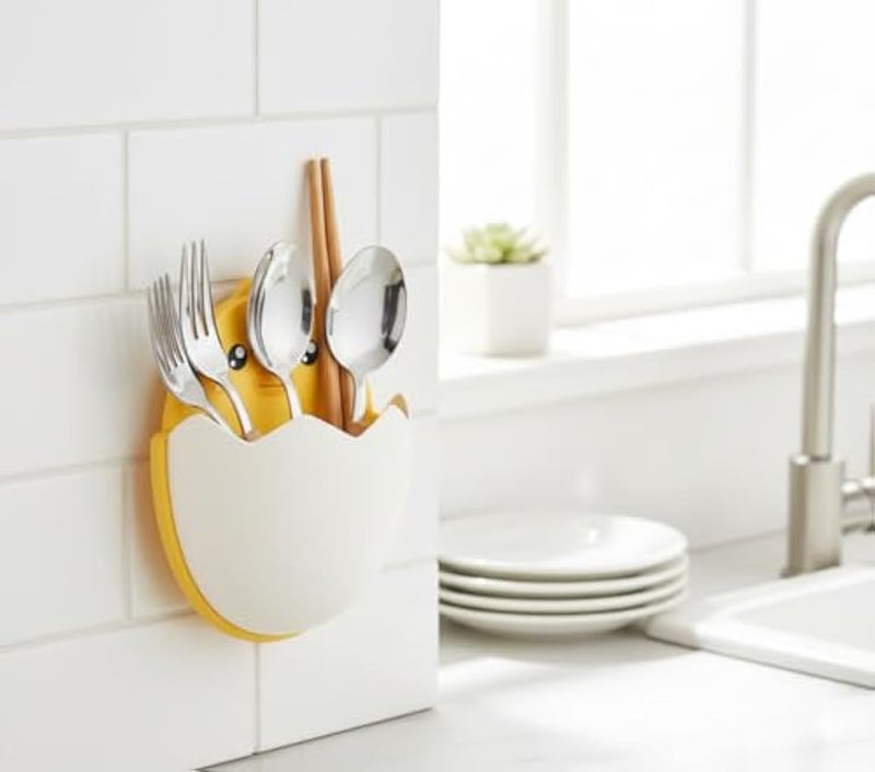 Toothbrush Holder Bathroom Makeup Organizer | Strong Self Adhesive Wall Mount | No Drilling | Practical Space Saving Design with Vents | Organize Toothpaste, Comb, Razors, Cosmetics | White & Yellow - Image 3