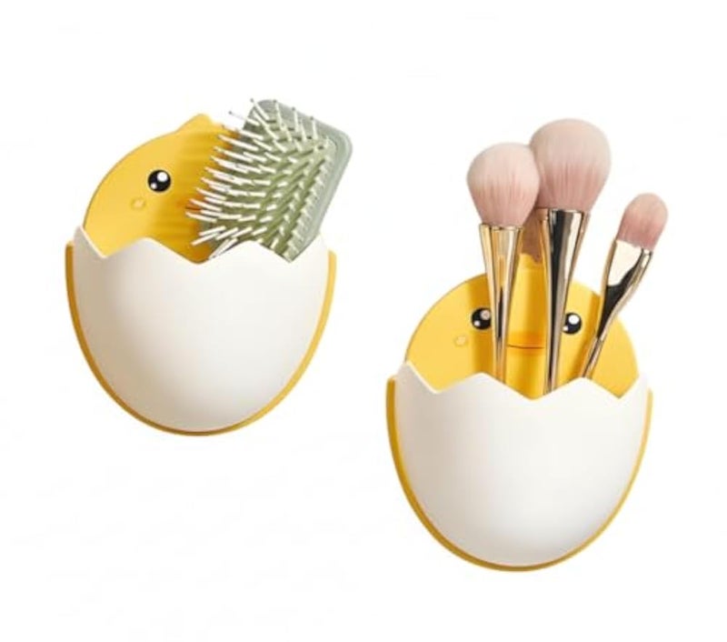 Toothbrush Holder Bathroom Makeup Organizer | Strong Self Adhesive Wall Mount | No Drilling | Practical Space Saving Design with Vents | Organize Toothpaste, Comb, Razors, Cosmetics | White & Yellow - Image 1