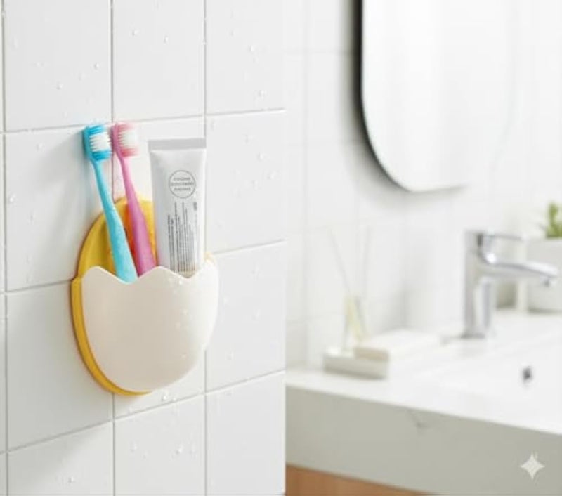 Toothbrush Holder Bathroom Makeup Organizer | Strong Self Adhesive Wall Mount | No Drilling | Practical Space Saving Design with Vents | Organize Toothpaste, Comb, Razors, Cosmetics | White & Yellow - Image 2