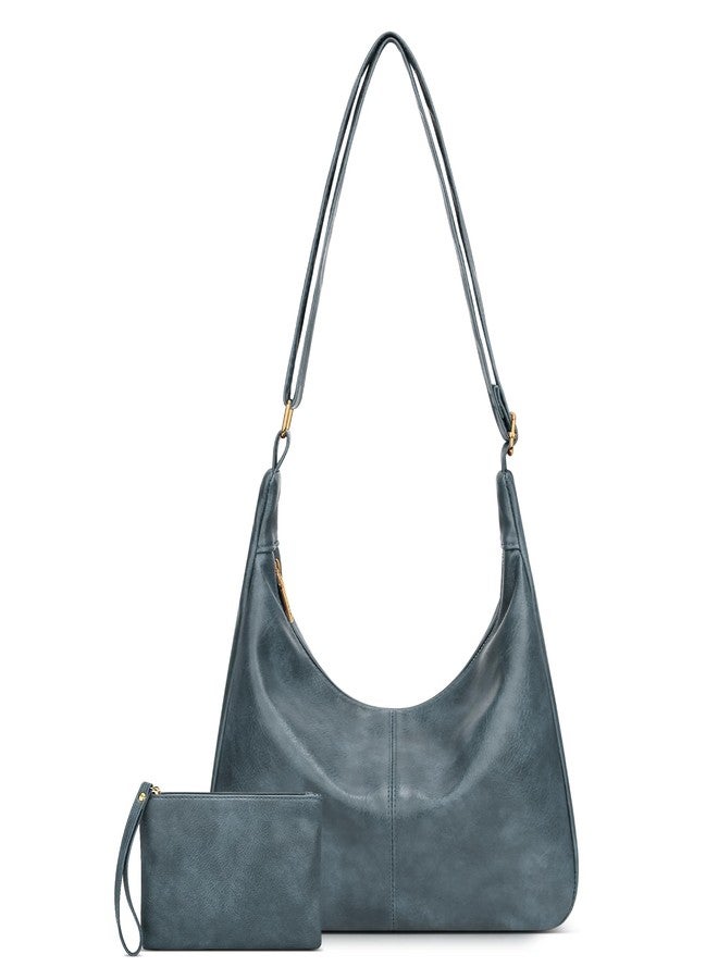 KKXIU Slouchy Hobo Bags for Women - Ultra Soft Foldable Shoulder Handbag Vegan Leather Tote Purse with Reinforced Zipper (Blue) - Image 1