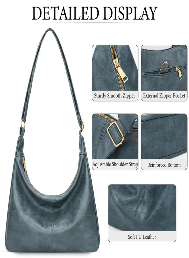 KKXIU Slouchy Hobo Bags for Women - Ultra Soft Foldable Shoulder Handbag Vegan Leather Tote Purse with Reinforced Zipper (Blue) - Image 4