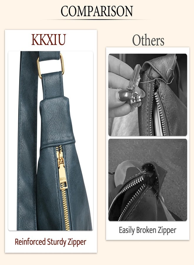 KKXIU Slouchy Hobo Bags for Women - Ultra Soft Foldable Shoulder Handbag Vegan Leather Tote Purse with Reinforced Zipper (Blue) - Image 3