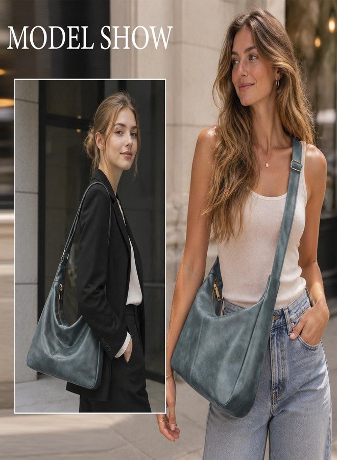 KKXIU Slouchy Hobo Bags for Women - Ultra Soft Foldable Shoulder Handbag Vegan Leather Tote Purse with Reinforced Zipper (Blue) - Image 2