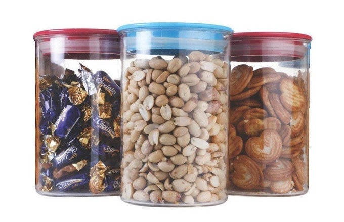 PLASTIC KITCHEN STORAGE AIRTIGHT JAR FOR FOOD BEANS NUTS SNACK PASTA COOKIE CANDY BISCUIT MULTI COLOR SET OF 3