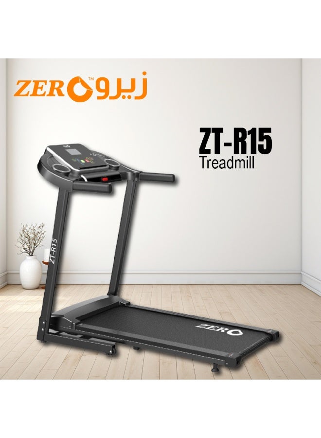 زيرو_بيوند_ويلنيس جهاز المشي القابل للطي Zero Healthcare ZT-R15 للاستخدام المنزلي بمحرك هادئ بقوة 1.5 حصان، 12 برنامجًا تلقائيًا، سرعة 1–14 كم/س، مراقب معدل ضربات القلب، مكبر صوت MP3، جهاز جري مدمج بنظام طي هيدروليكي بسعة 120 كجم - Image 1