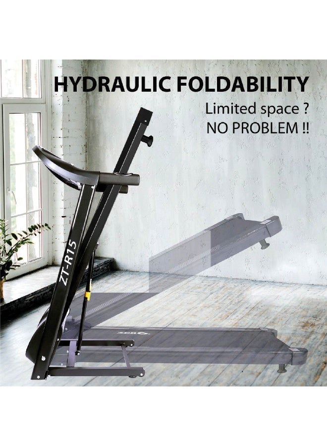 زيرو_بيوند_ويلنيس جهاز المشي القابل للطي Zero Healthcare ZT-R15 للاستخدام المنزلي بمحرك هادئ بقوة 1.5 حصان، 12 برنامجًا تلقائيًا، سرعة 1–14 كم/س، مراقب معدل ضربات القلب، مكبر صوت MP3، جهاز جري مدمج بنظام طي هيدروليكي بسعة 120 كجم - Image 2