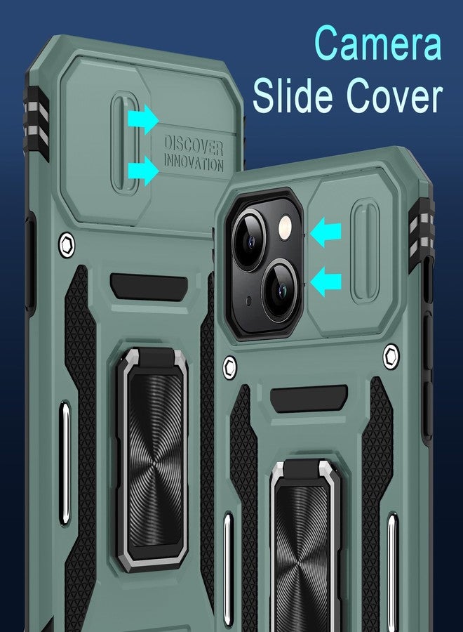 DEERLAMN Case for iPhone 15 with Slide Camera Cover + Screen Protector (2 Packs), Rotated Ring Kickstand Military Grade Shockproof Protective Cover-Green - Image 2