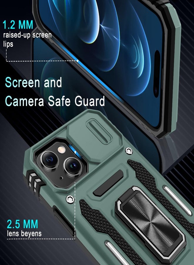 DEERLAMN Case for iPhone 15 with Slide Camera Cover + Screen Protector (2 Packs), Rotated Ring Kickstand Military Grade Shockproof Protective Cover-Green - Image 5