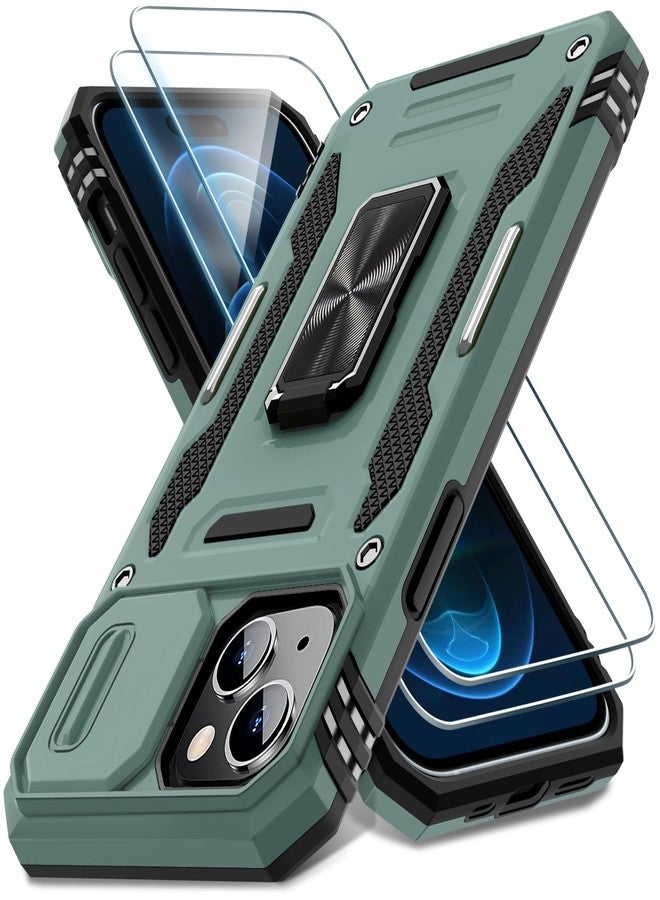 DEERLAMN Case for iPhone 15 with Slide Camera Cover + Screen Protector (2 Packs), Rotated Ring Kickstand Military Grade Shockproof Protective Cover-Green - Image 1