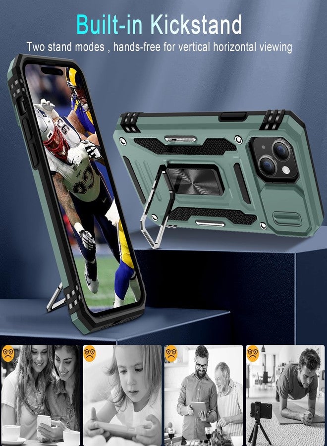 DEERLAMN Case for iPhone 15 with Slide Camera Cover + Screen Protector (2 Packs), Rotated Ring Kickstand Military Grade Shockproof Protective Cover-Green - Image 4