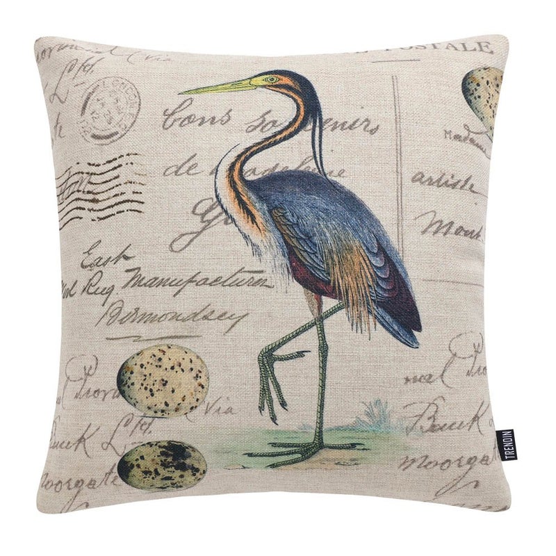 TRENDIN Cotton Linen Decorative Pillow Cover Rustic Cushion Cover for Couch 18x18 inch45x45cm Bird and Egg Design PL217TR