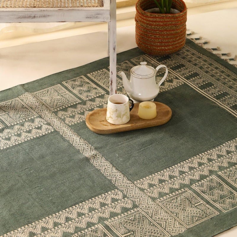 Peepul Tree Jaipuri Handprinted Cotton Rugs for Living Room Handmade Sustainable Modern Durries for Living Room Cotton Carpets for Living Room Bedroom Floor Rug for BedroomSea Green 3X5 ft - Image 3