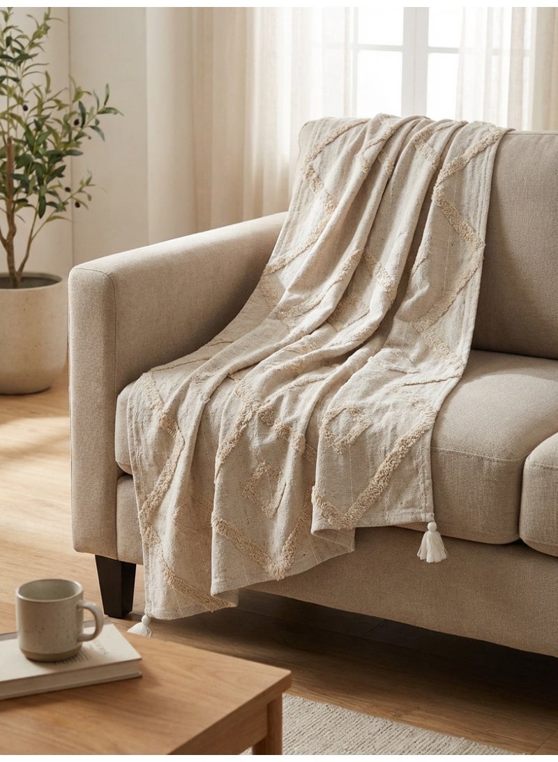 Ambrosia 130 x 160 cm Cotton Blanket Pastel Cotton Throw White 400GSM Thick Tufted Geometric Boho Decorative Cover with Tassels for Couch Sofa and Bed - Image 3