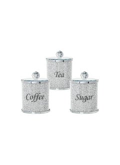 LONGWIN Longwin Glass Kitchen Canister Sets for Kitchen Countertop with Crushed Crystal Diamonds, Coffee Sugar Tea Container Jars with Decorative Lid for Food Storage, Silver, Set of 3  - Image 1