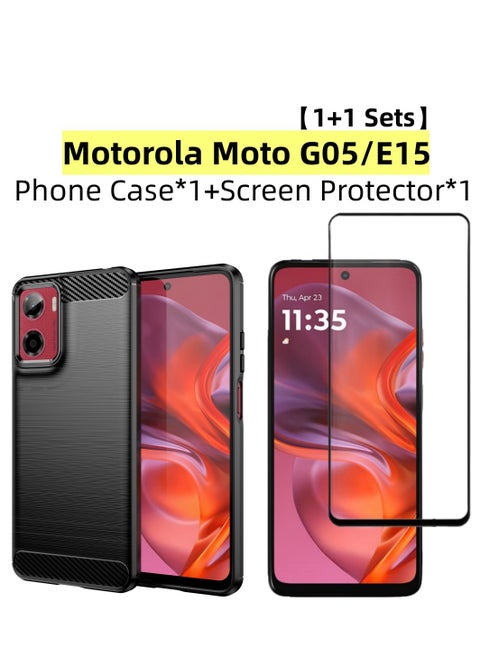 [1+1 Sets] For Motorola Moto G05/E15 Case & Screen Protector Soft TPU Brushed Texture Anti-Slip Cover with Scratch Resistant Tempered Glass