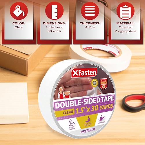XFasten Double Sided Tape Clear, Removable, 1.5-Inch by 30-Yards, Single Roll Ideal as a Gift Wrap Tape, Holding Carpets, and Woodworking - Image 3
