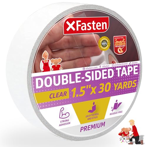 XFasten Double Sided Tape Clear, Removable, 1.5-Inch by 30-Yards, Single Roll Ideal as a Gift Wrap Tape, Holding Carpets, and Woodworking - Image 1
