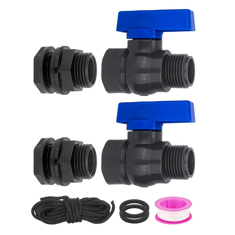 Vtenyeo PVC Rain Barrel Spigot Kit 2 Pack 3/4" GHT Bulkhead Fitting with PVC Ball Valve Leak-Proof Tank Faucet for Rain Barrel, Water Tank & Container Drain - Image 1