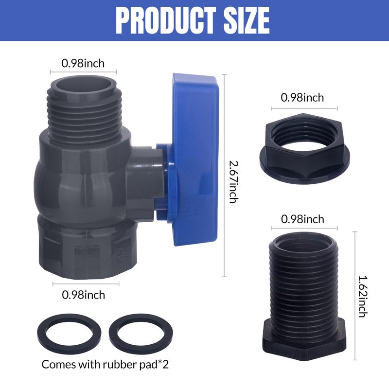 Vtenyeo PVC Rain Barrel Spigot Kit 2 Pack 3/4" GHT Bulkhead Fitting with PVC Ball Valve Leak-Proof Tank Faucet for Rain Barrel, Water Tank & Container Drain - Image 2