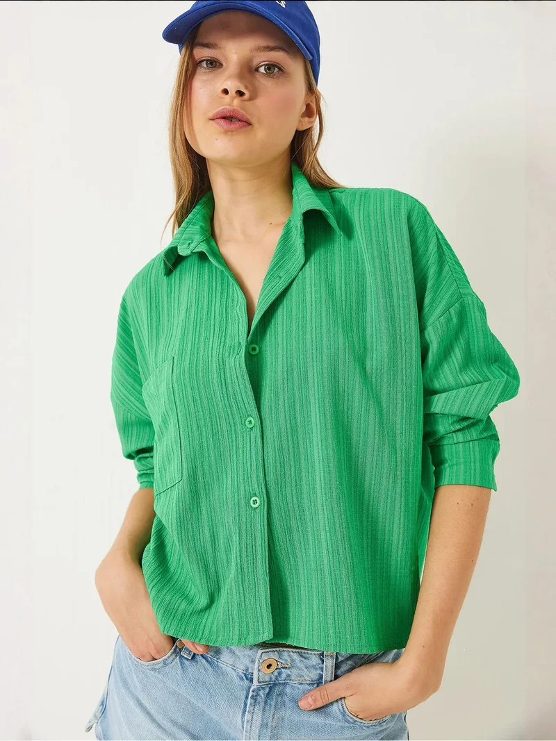 Bianco Lucci Lime Green LUCCI Relaxed Fit Long Sleeve Shirt with Pocket for Women | Best Price UAE