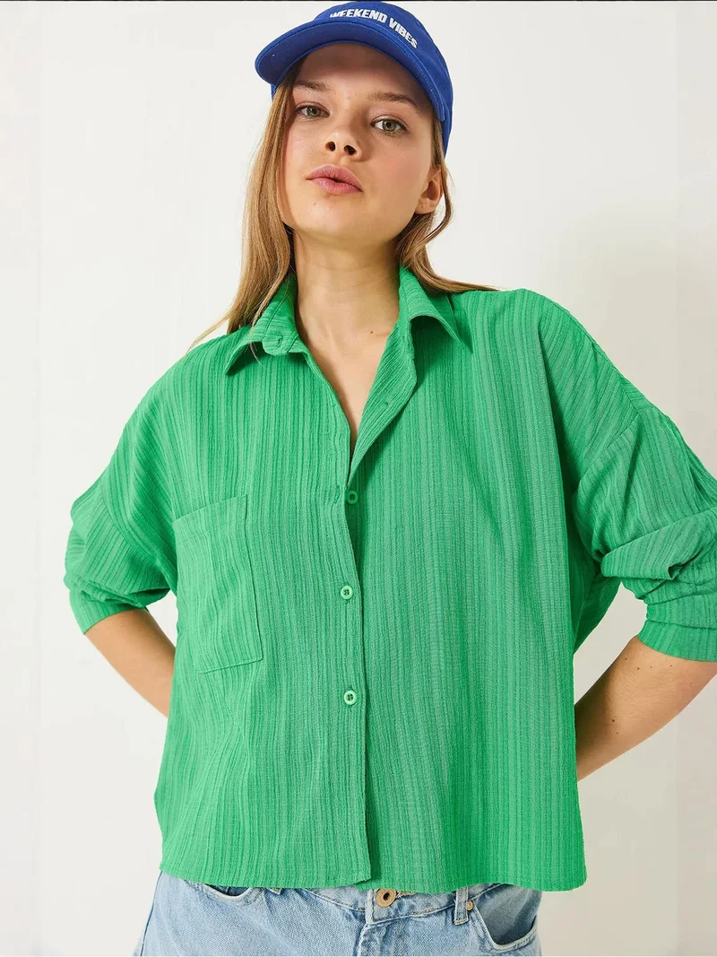 Bianco Lucci Lime Green LUCCI Relaxed Fit Long Sleeve Shirt with Pocket for Women | Best Price UAE