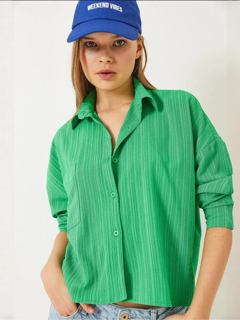 Bianco Lucci Lime Green LUCCI Relaxed Fit Long Sleeve Shirt with Pocket for Women | Best Price UAE