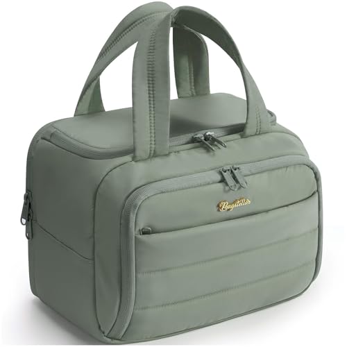 Bagstellar Travel Toiletry Bag for Women, Lightweight Large Quilted Puffy Makeup Bag Wide-open Make up Organizer Cloud Cosmetic Bag w/Handle for Traveling Toiletries Essentials Accessories Sage Green - Image 1